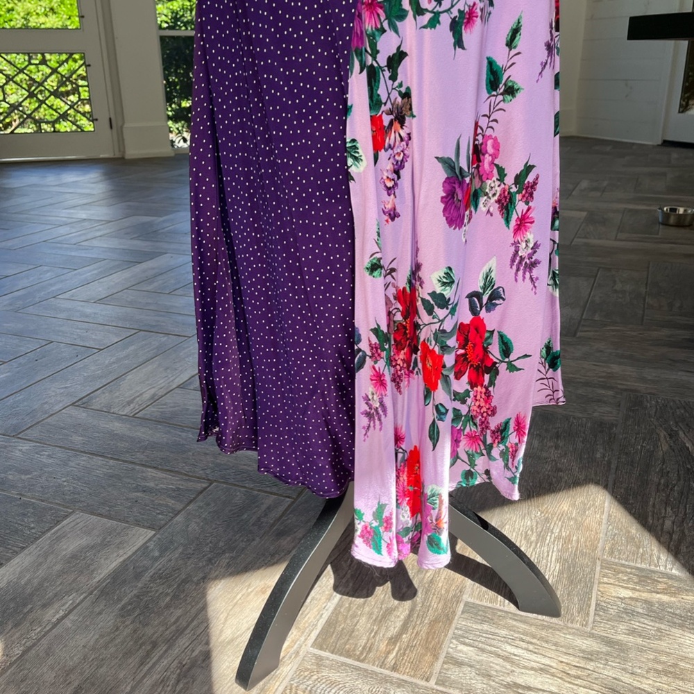 Ghost Carly Purple Floral Polka Dot Bell Sleeve Dip Hem Midi Dress, Size M - Picture 3 of 5